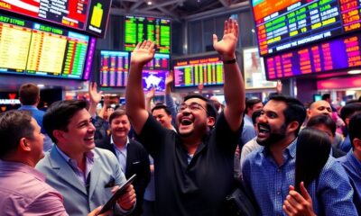 Traders celebrating a stock market surge in an exchange.