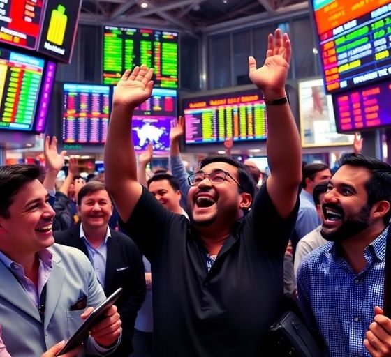 Traders celebrating a stock market surge in an exchange.