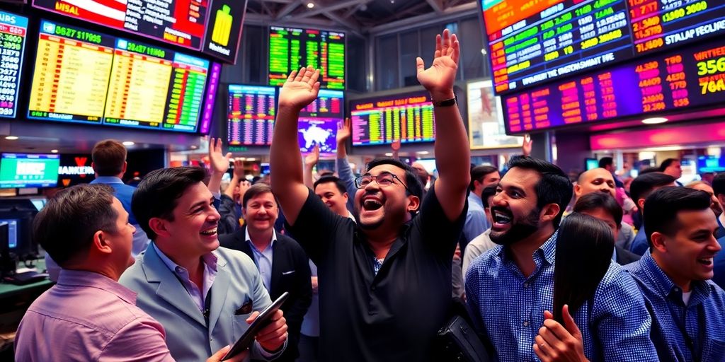 Traders celebrating a stock market surge in an exchange.