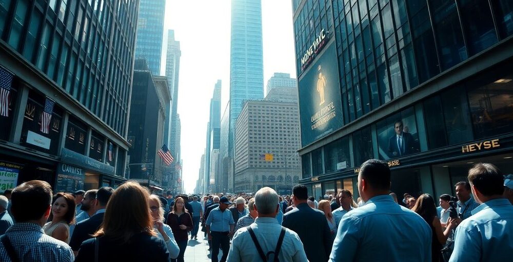 Busy financial district with people engaged in discussions.