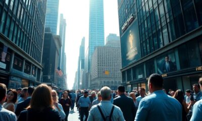 Busy financial district with people engaged in discussions.