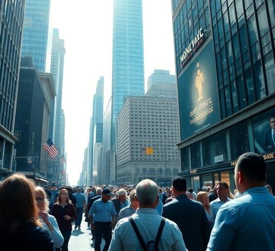 Busy financial district with people engaged in discussions.