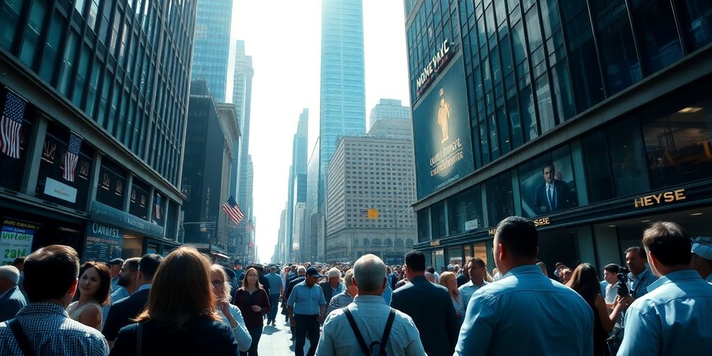 Busy financial district with people engaged in discussions.