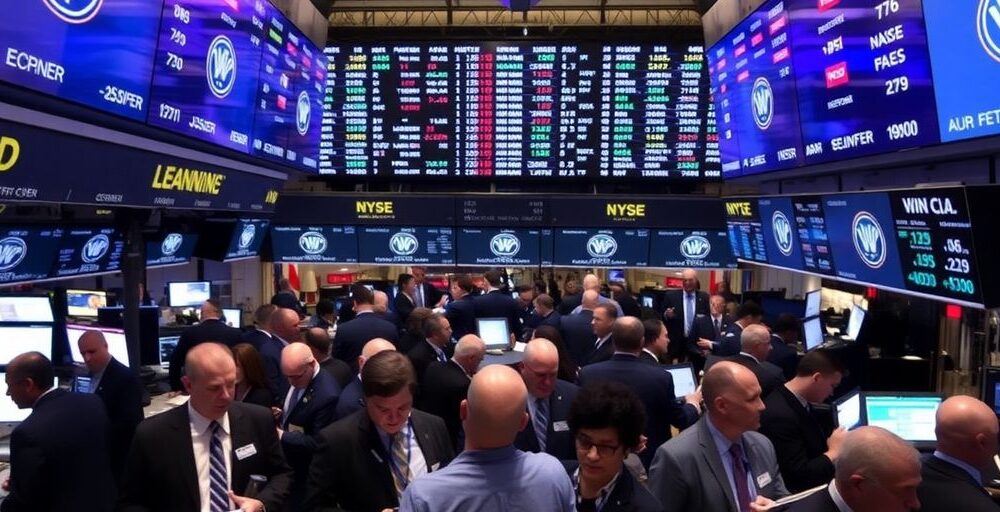 Traders on a busy stock exchange floor during trading.