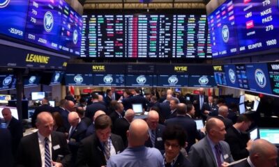 Traders on a busy stock exchange floor during trading.