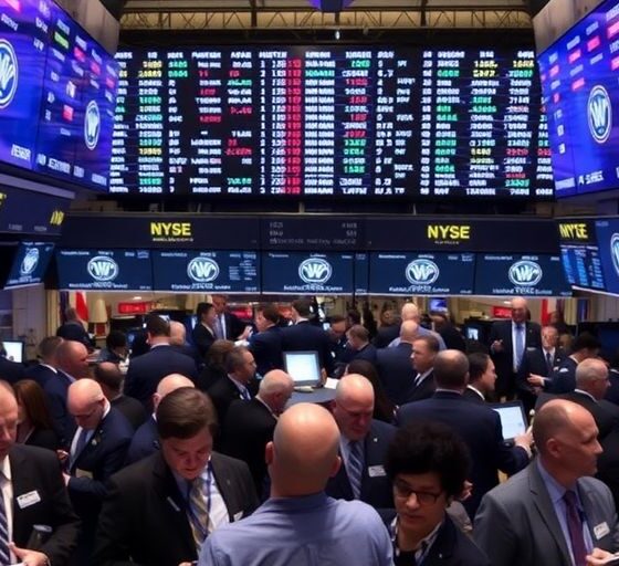 Traders on a busy stock exchange floor during trading.