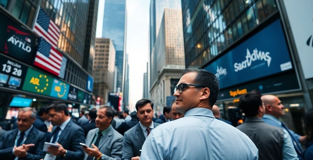 Traders discussing in a busy financial district.