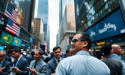 Traders discussing in a busy financial district.