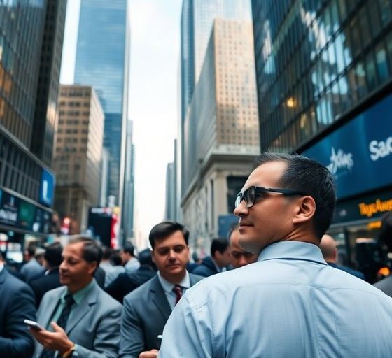 Traders discussing in a busy financial district.