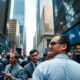 Traders discussing in a busy financial district.