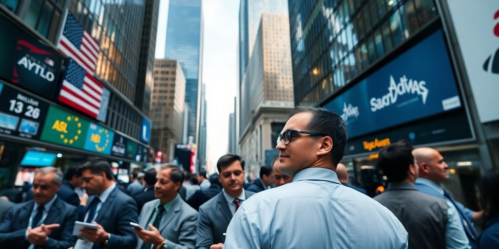 Traders discussing in a busy financial district.