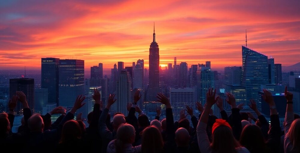 City skyline with people celebrating economic success.