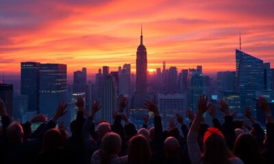 City skyline with people celebrating economic success.