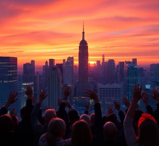 City skyline with people celebrating economic success.