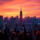 City skyline with people celebrating economic success.