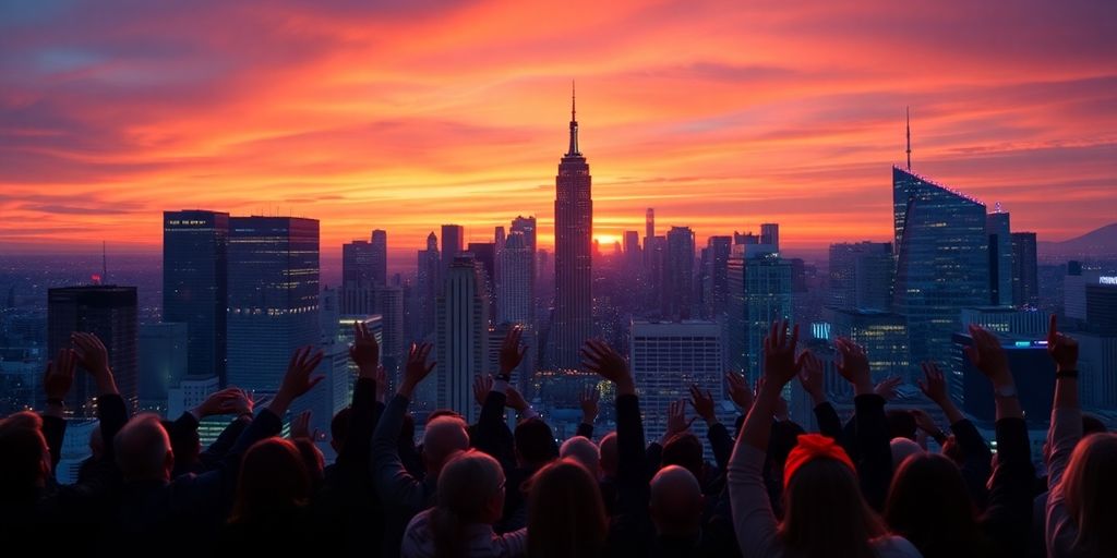 City skyline with people celebrating economic success.