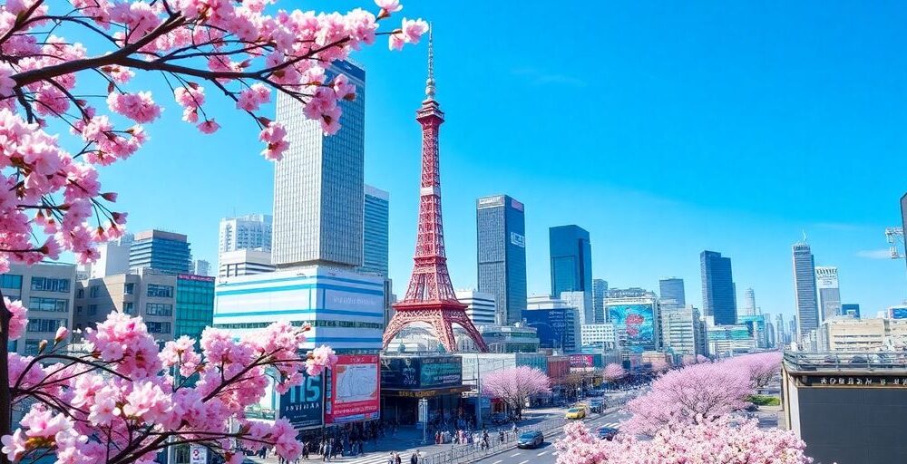 Tokyo skyline with cherry blossoms and bustling streets.