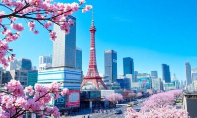 Tokyo skyline with cherry blossoms and bustling streets.