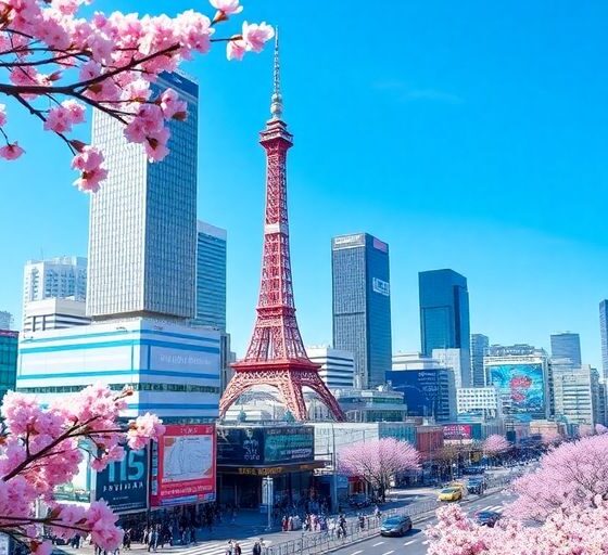 Tokyo skyline with cherry blossoms and bustling streets.