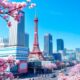 Tokyo skyline with cherry blossoms and bustling streets.