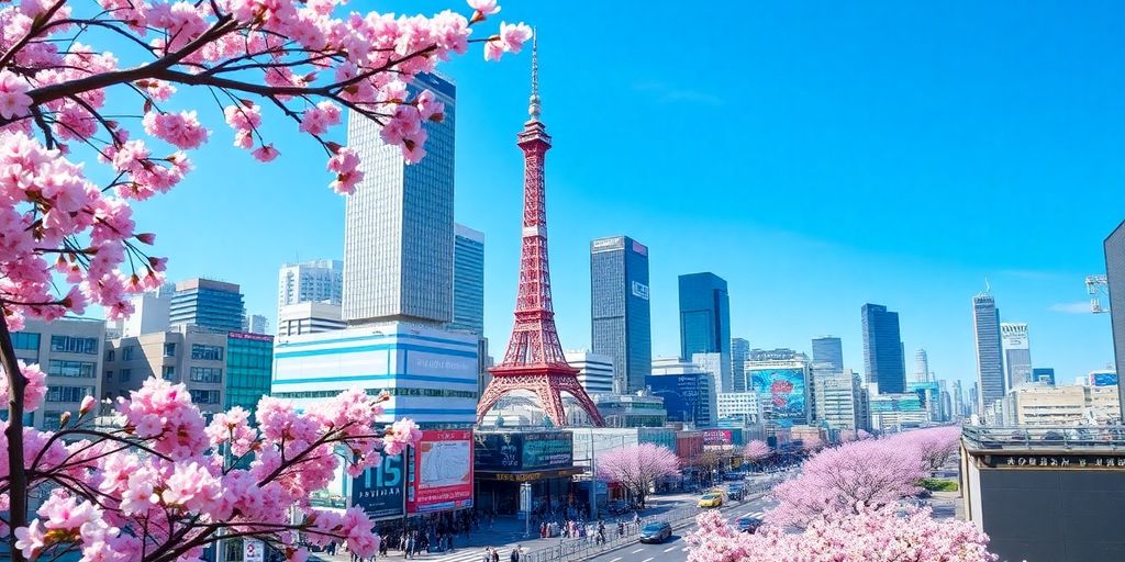 Tokyo skyline with cherry blossoms and bustling streets.