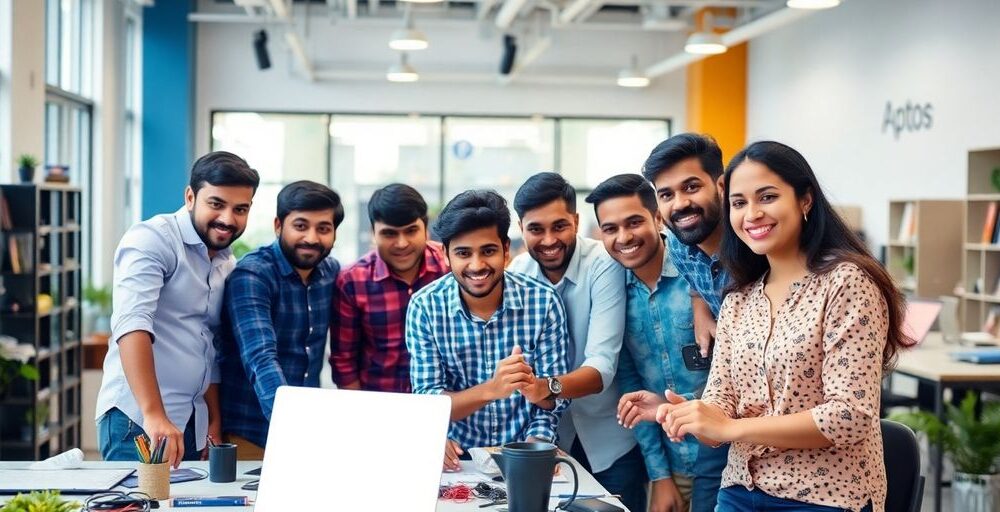 Group of young Indian innovators collaborating in a workspace.