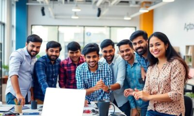 Group of young Indian innovators collaborating in a workspace.