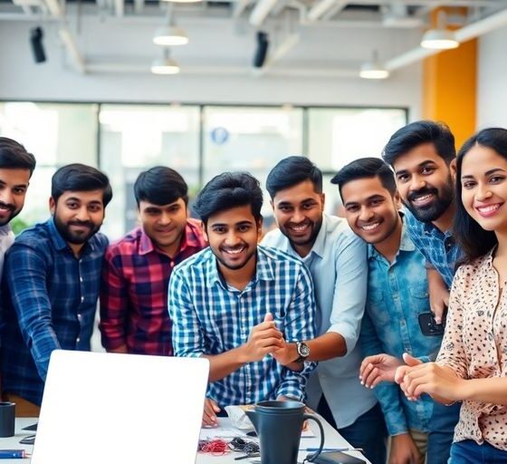 Group of young Indian innovators collaborating in a workspace.