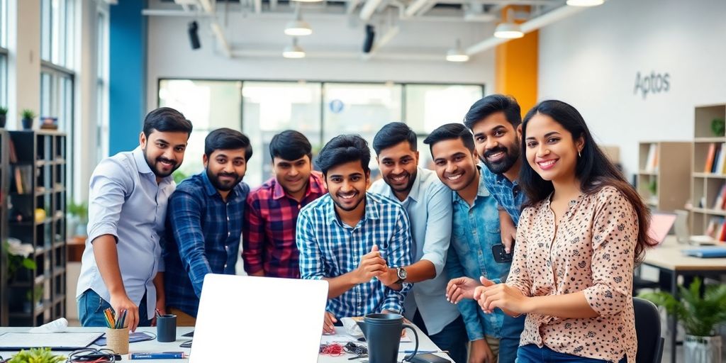 Group of young Indian innovators collaborating in a workspace.