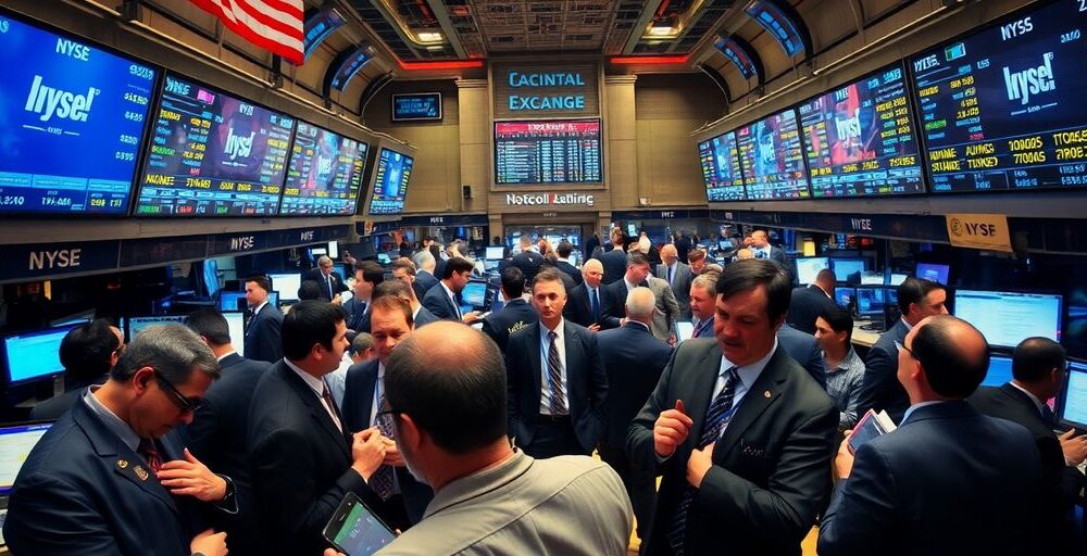 Traders on a busy stock exchange floor.