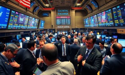 Traders on a busy stock exchange floor.