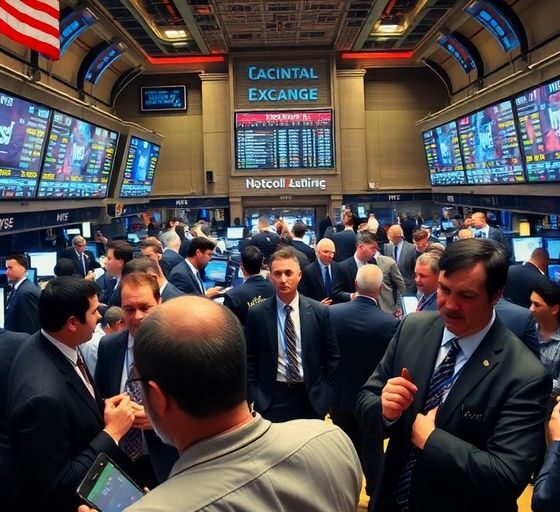 Traders on a busy stock exchange floor.