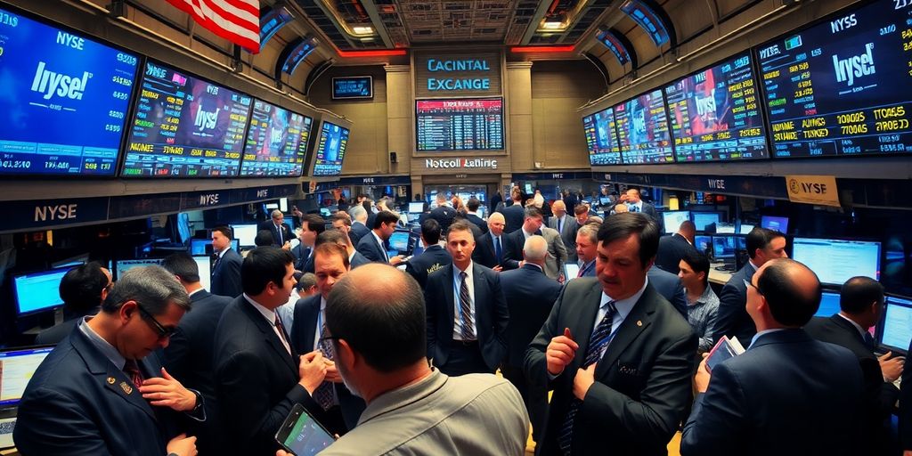 Traders on a busy stock exchange floor.