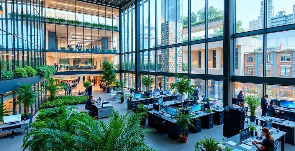 Modern innovation center with glass architecture and greenery.