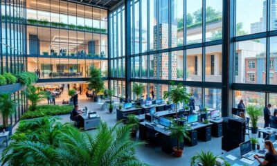 Modern innovation center with glass architecture and greenery.