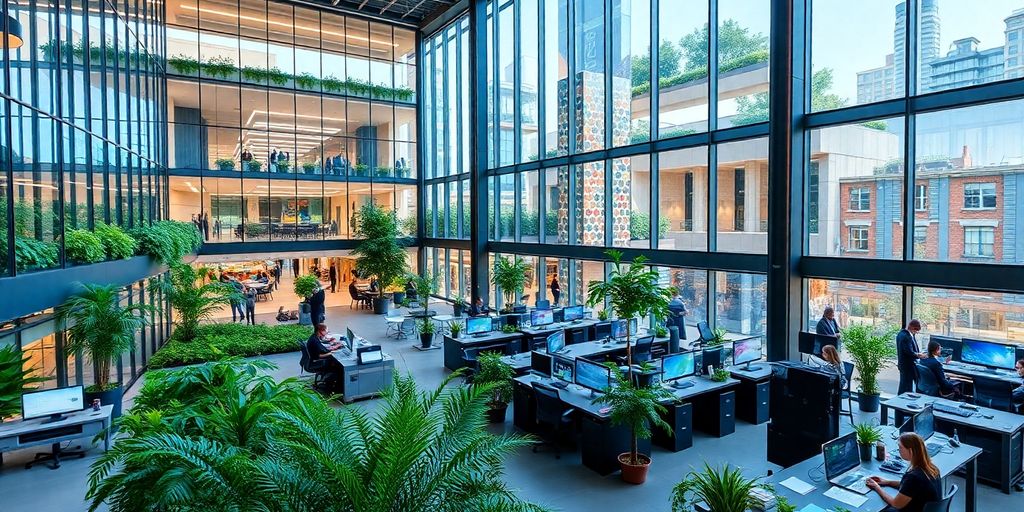 Modern innovation center with glass architecture and greenery.