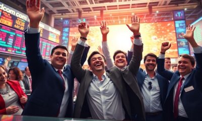 Investors celebrating stock market success with technology background.