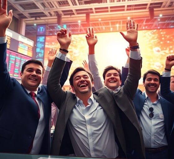 Investors celebrating stock market success with technology background.