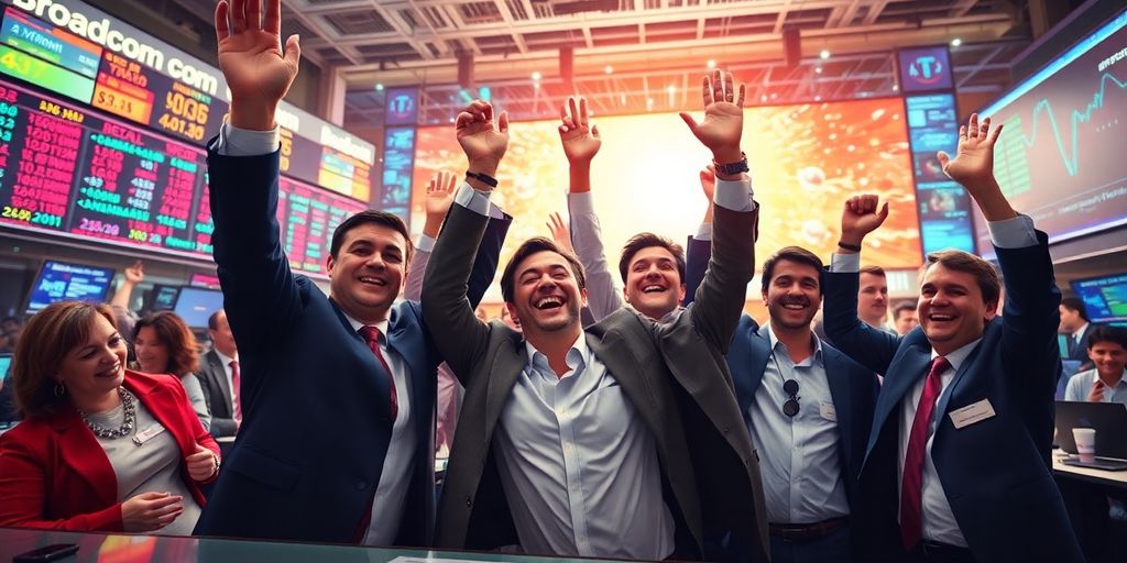 Investors celebrating stock market success with technology background.