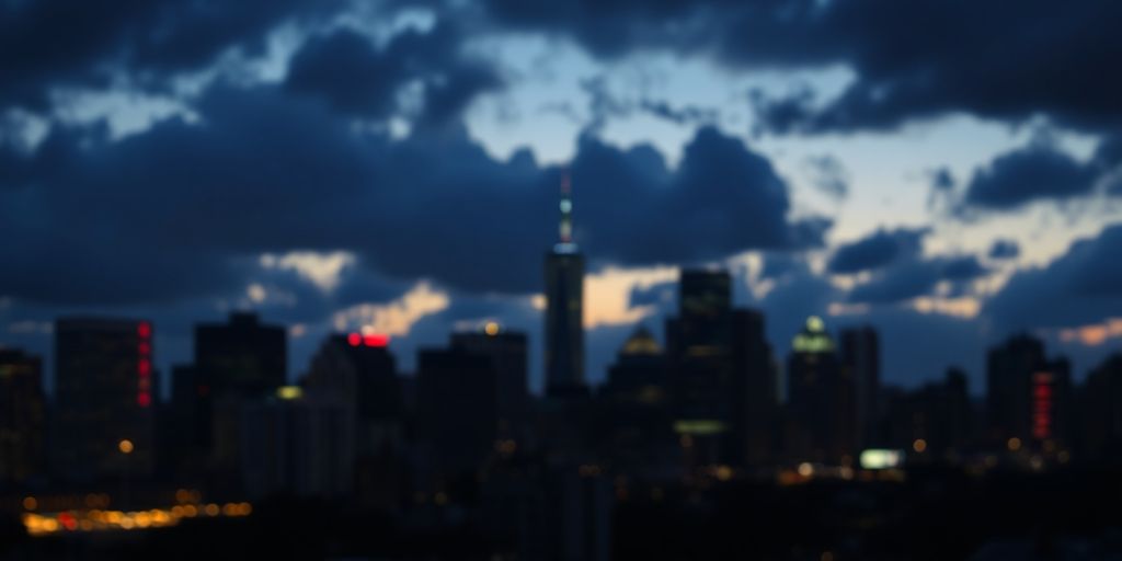 Dim city skyline with dark clouds and low light.