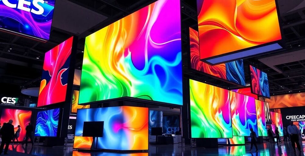 Futuristic display screens with vibrant colors and designs.