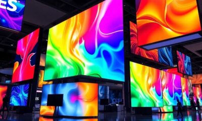 Futuristic display screens with vibrant colors and designs.