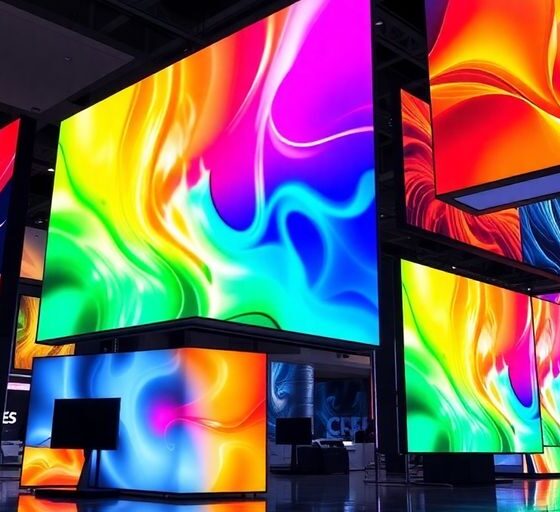 Futuristic display screens with vibrant colors and designs.