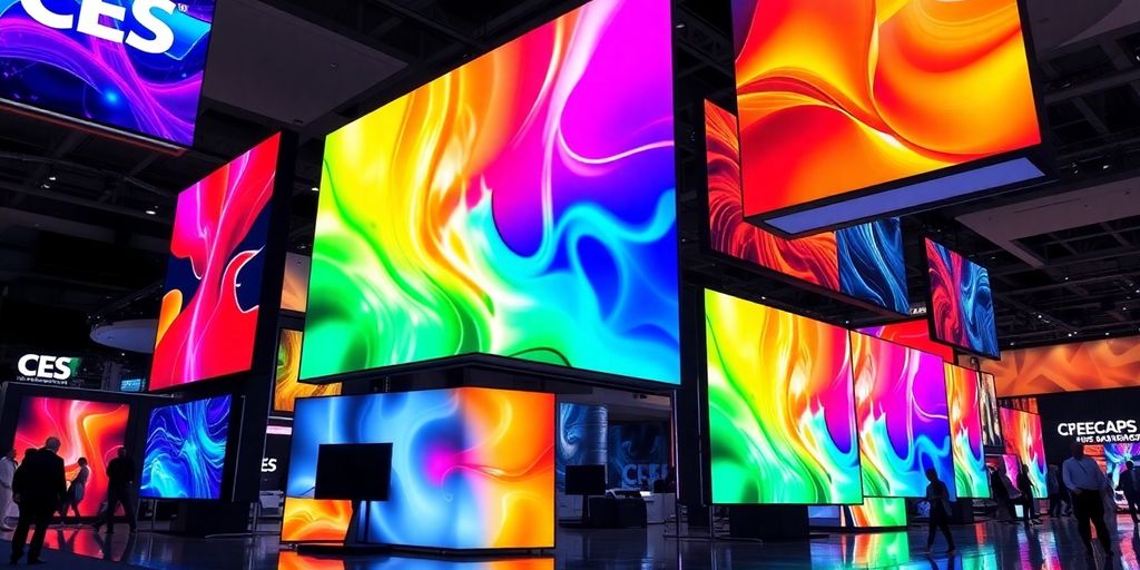 Futuristic display screens with vibrant colors and designs.