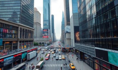 Aerial view of a busy financial district with skyscrapers.