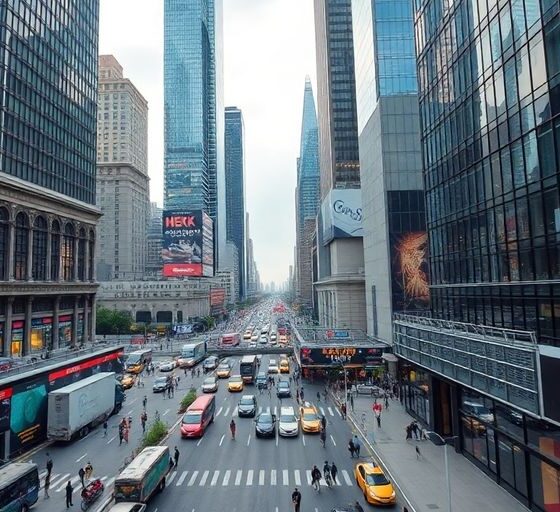 Aerial view of a busy financial district with skyscrapers.