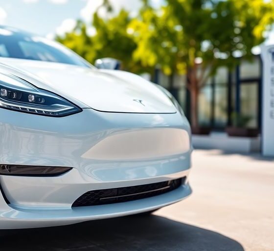 Tesla electric car in a futuristic, green environment.