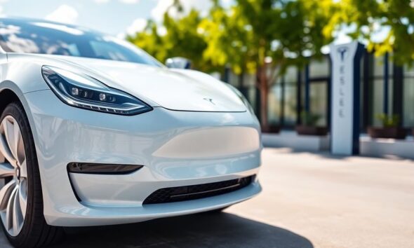 Tesla electric car in a futuristic, green environment.