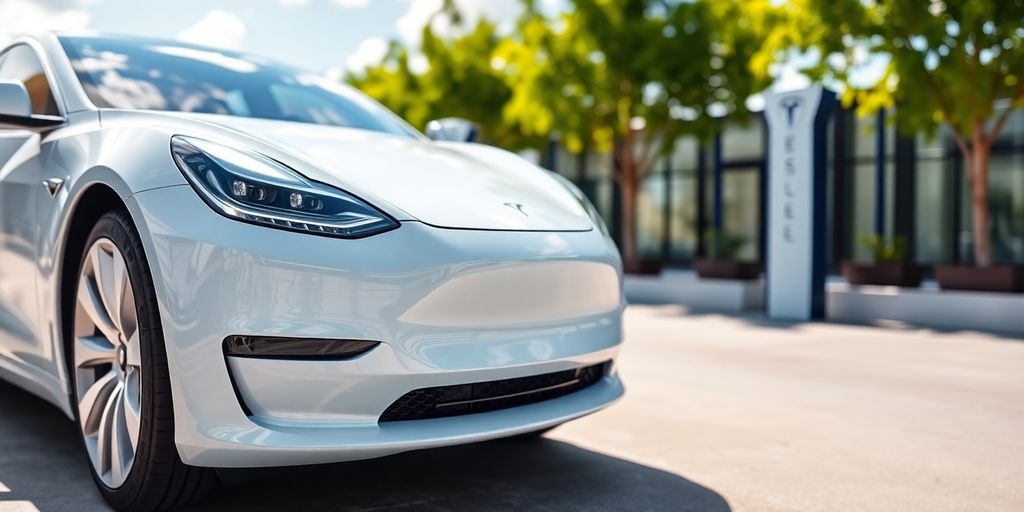 Tesla electric car in a futuristic, green environment.