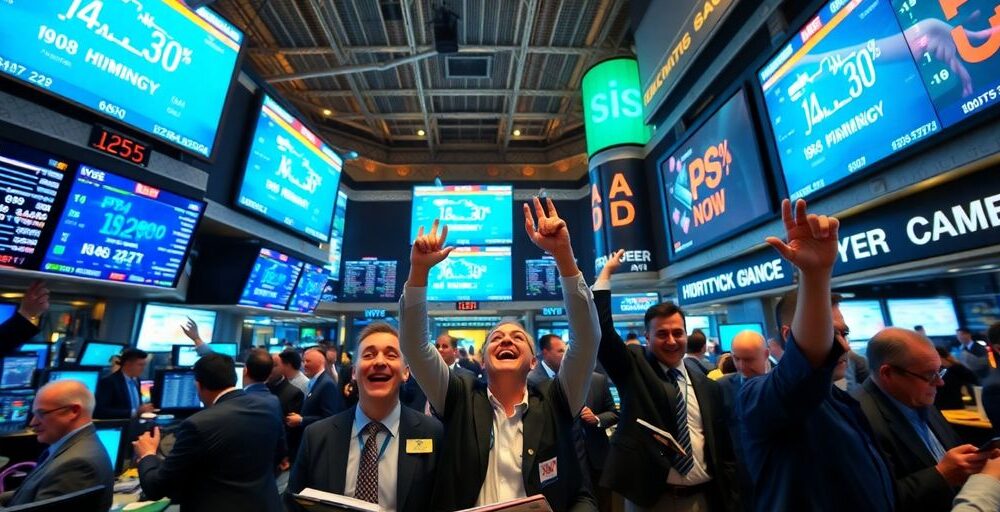 Traders celebrating on a lively stock exchange floor.